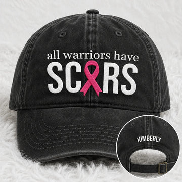 Personalized All Warriors Have Scars Pink Ribbon Embroidered Washed Cap, Awareness Gift