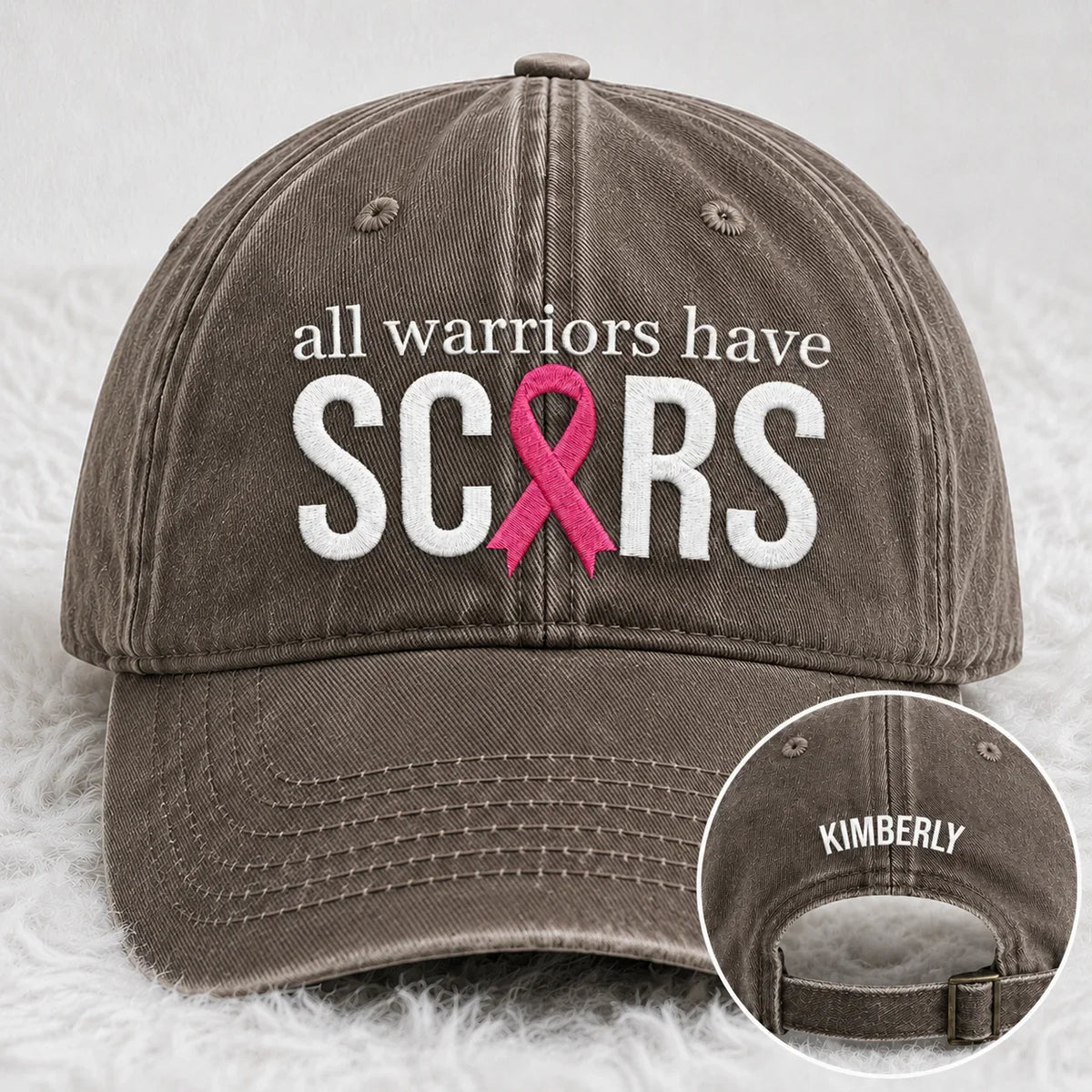 Personalized All Warriors Have Scars Pink Ribbon Embroidered Washed Cap, Awareness Gift