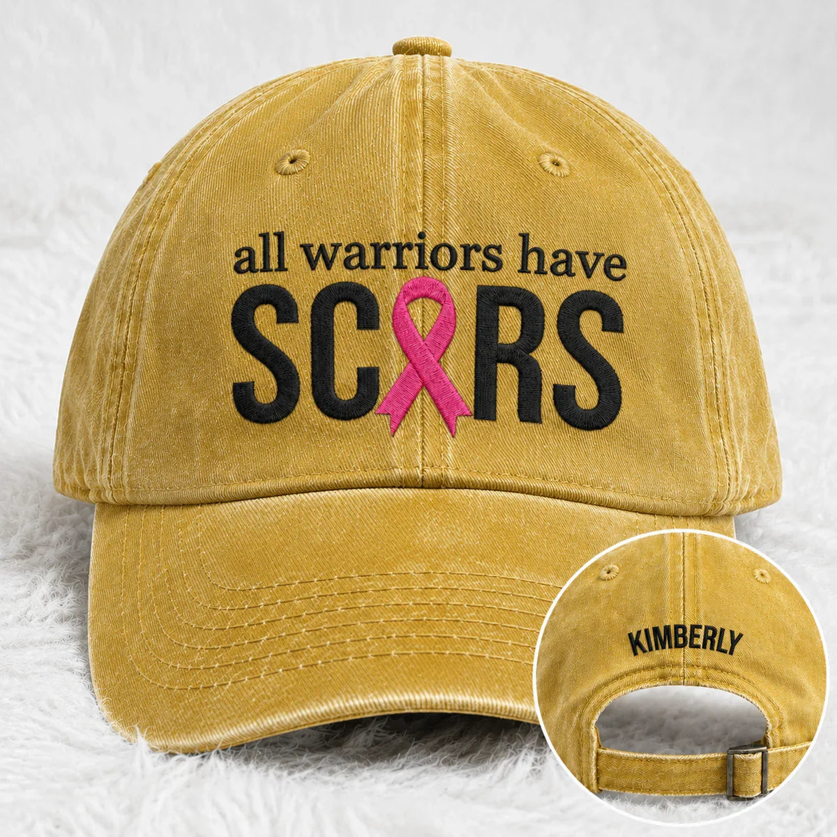 Personalized All Warriors Have Scars Pink Ribbon Embroidered Washed Cap, Awareness Gift