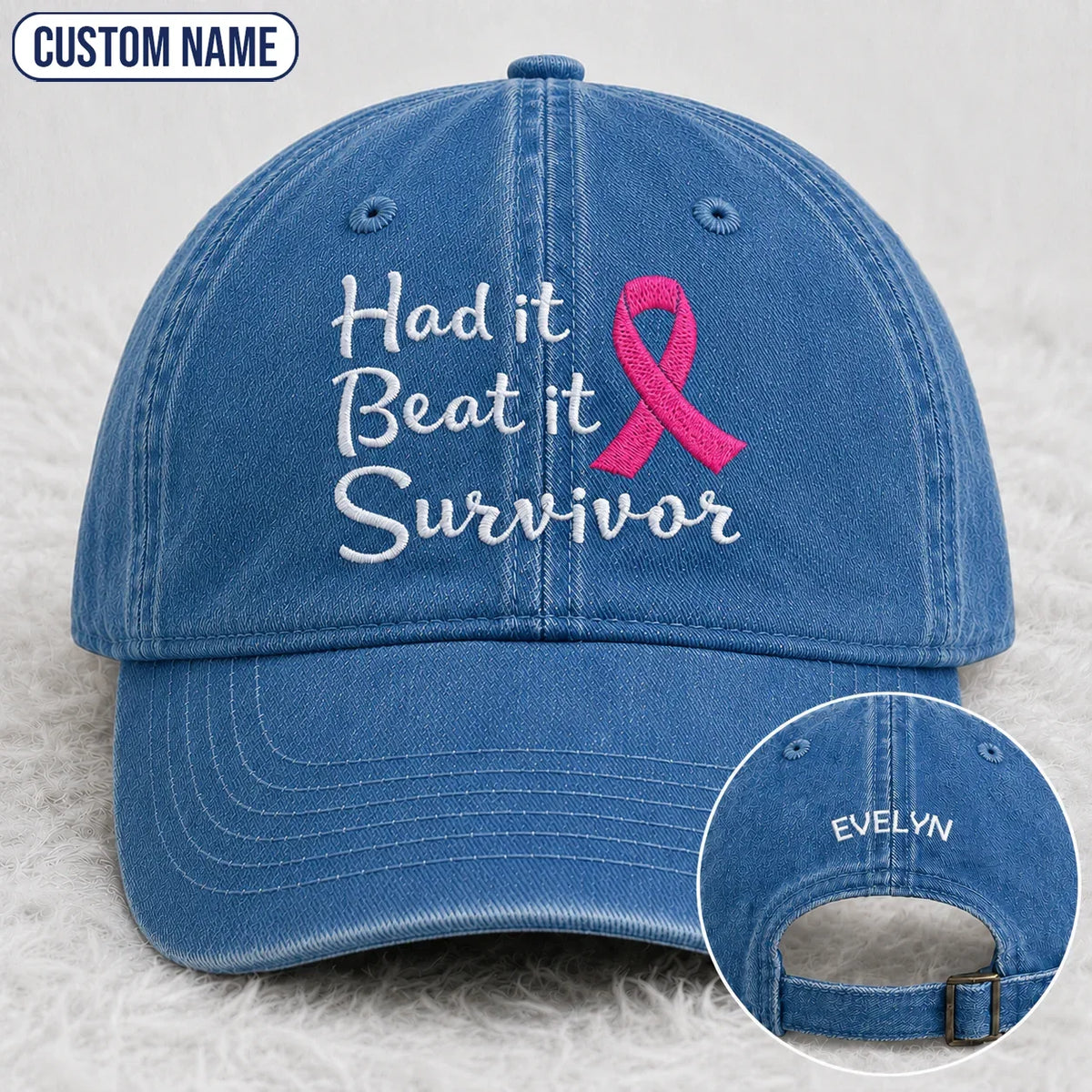Personalized Had It Beat It Survivor Pink Ribbon Embroidered Washed Cap, Awareness Gift
