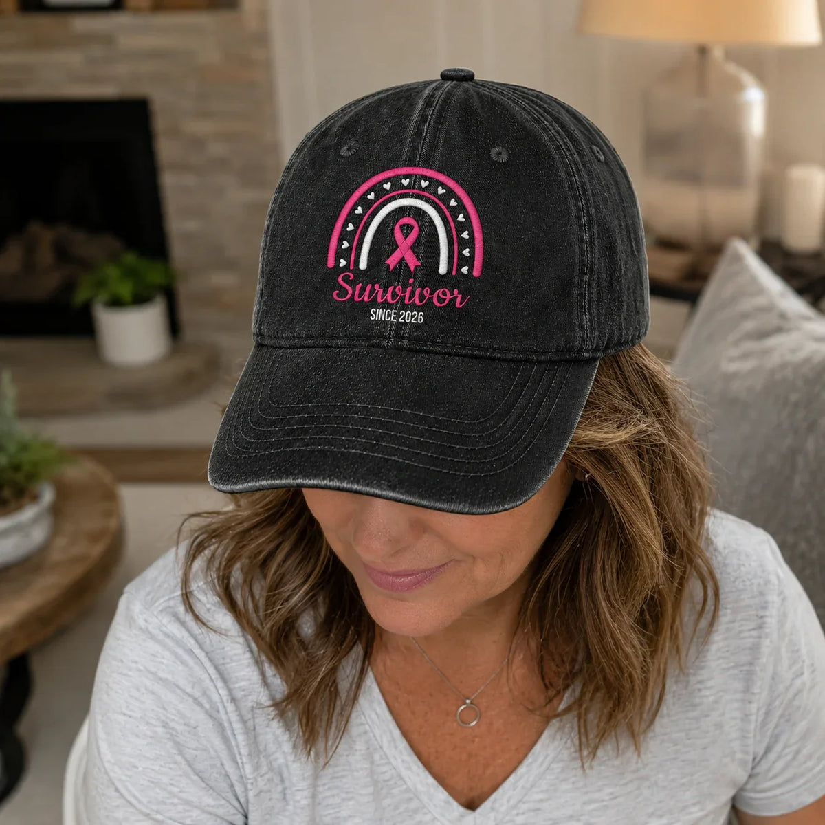 Personalized Name & Year Pink Ribbon Embroidered Washed Cap, Awareness Gift