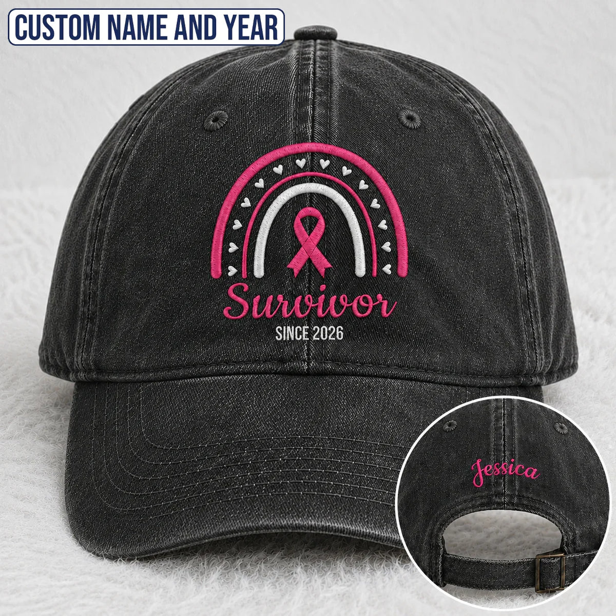 Personalized Name & Year Pink Ribbon Embroidered Washed Cap, Awareness Gift