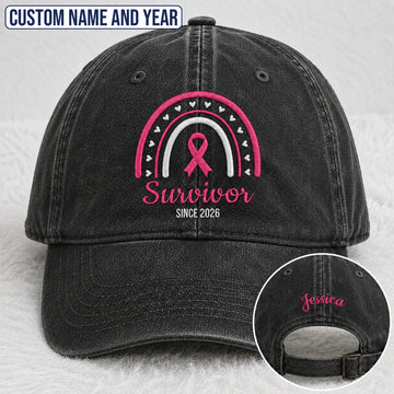 Personalized Name & Year Pink Ribbon Embroidered Washed Cap, Awareness Gift