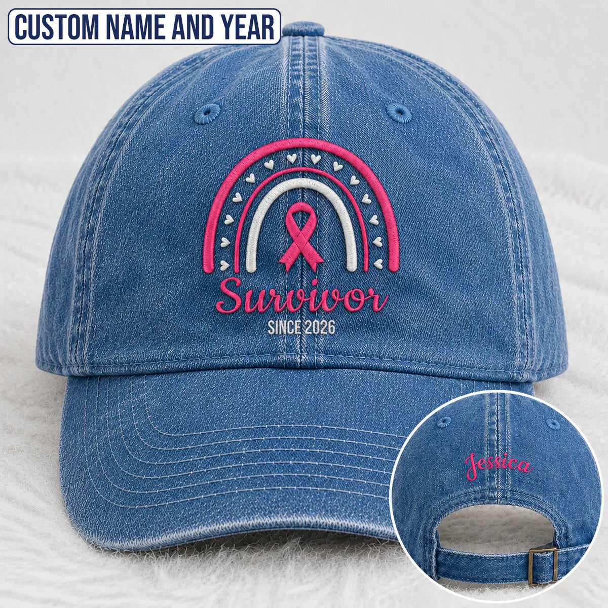 Personalized Name & Year Pink Ribbon Embroidered Washed Cap, Awareness Gift