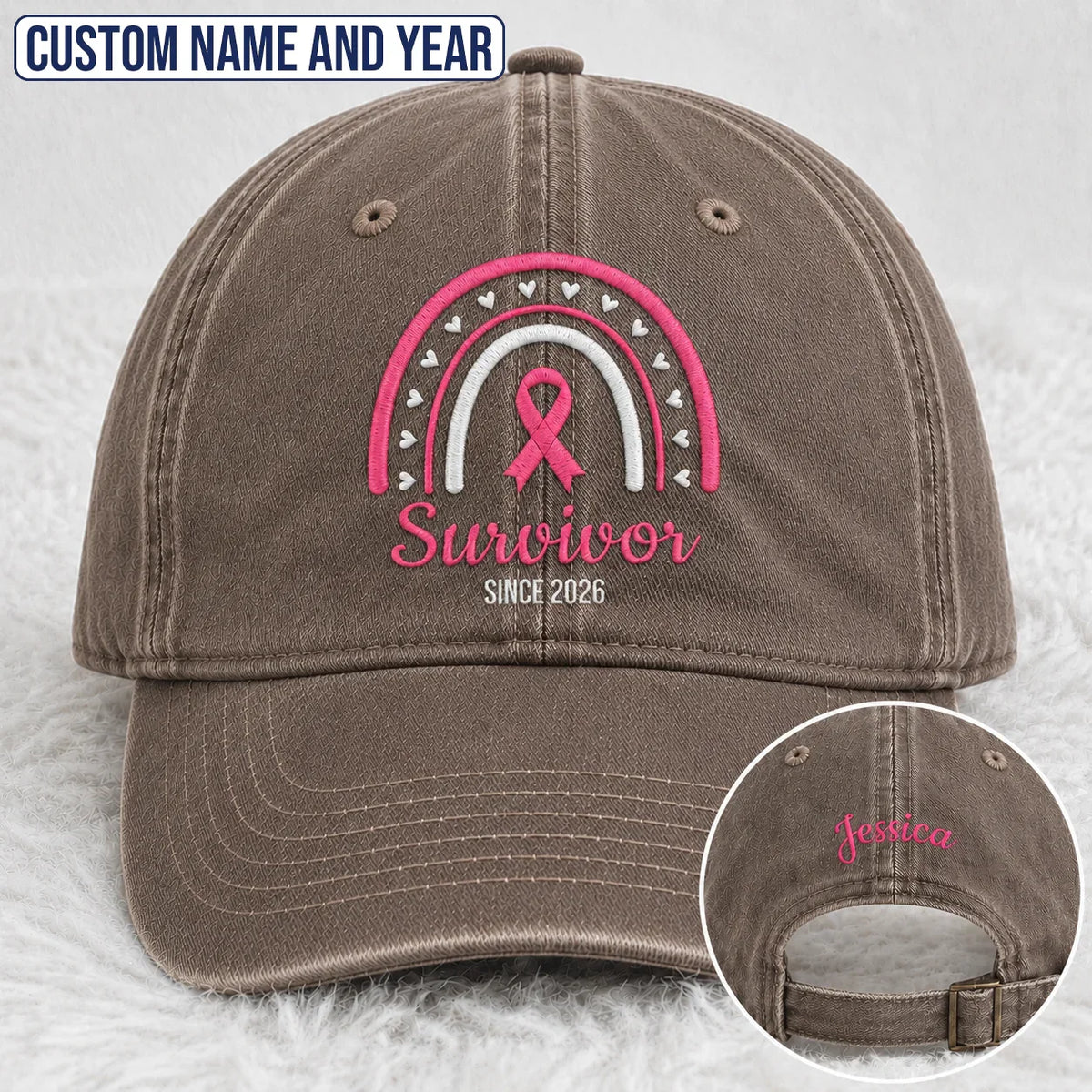 Personalized Name & Year Pink Ribbon Embroidered Washed Cap, Awareness Gift