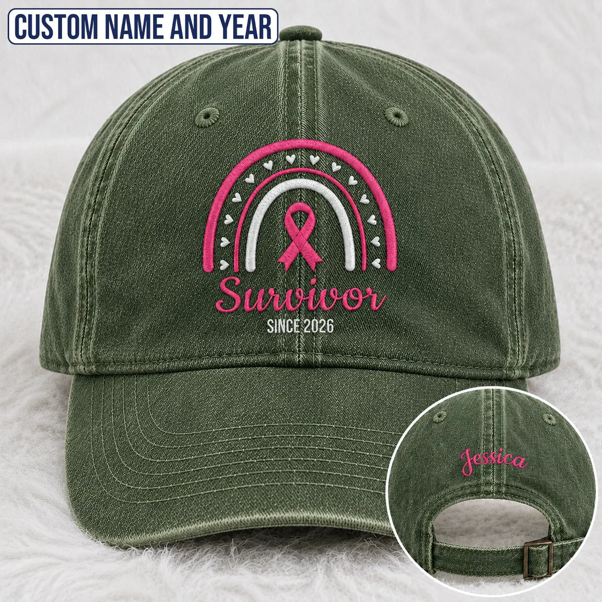 Personalized Name & Year Pink Ribbon Embroidered Washed Cap, Awareness Gift