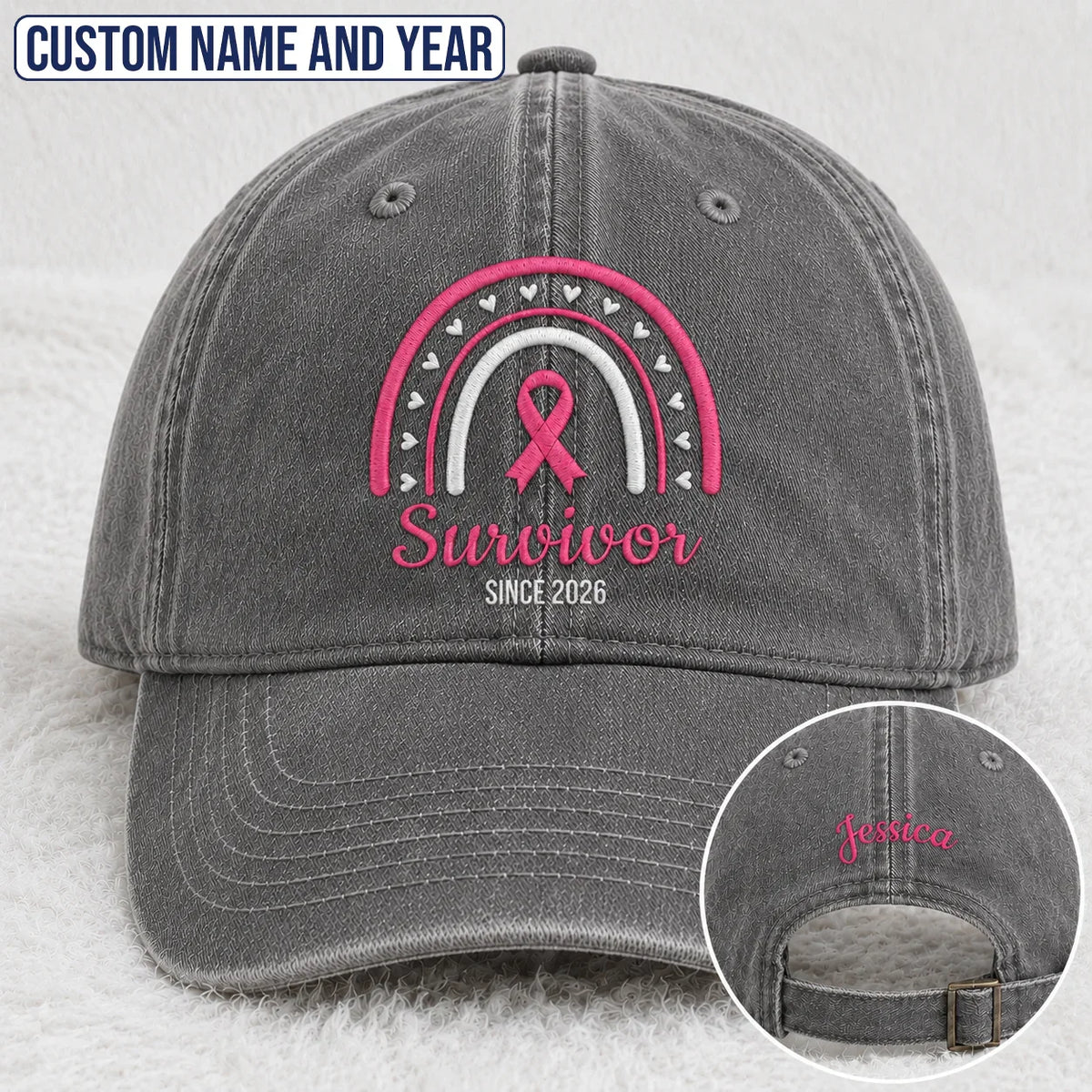 Personalized Name & Year Pink Ribbon Embroidered Washed Cap, Awareness Gift