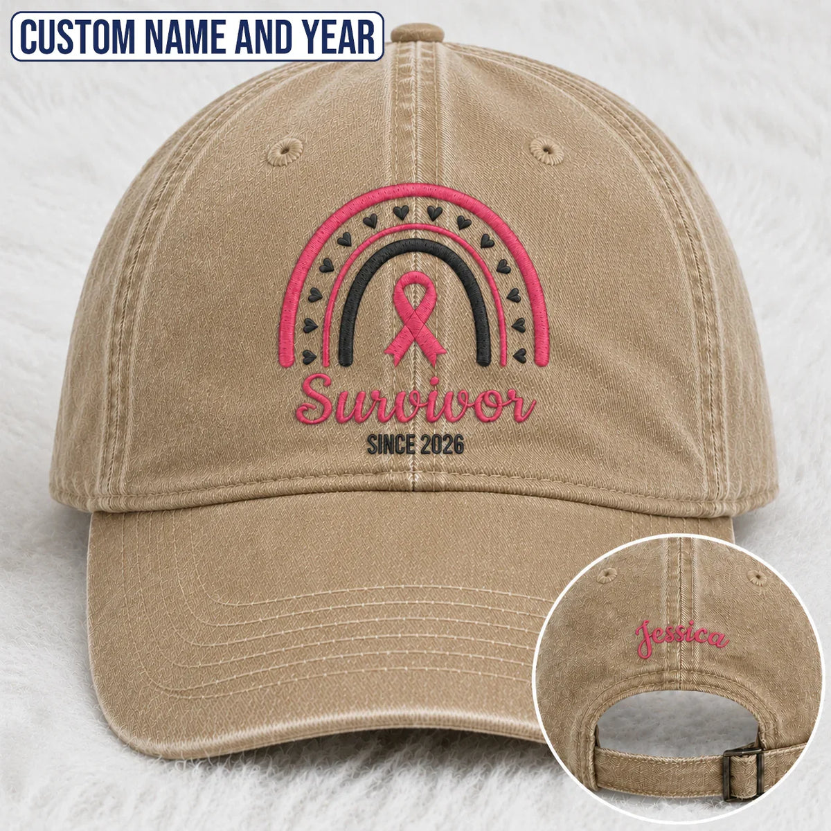 Personalized Name & Year Pink Ribbon Embroidered Washed Cap, Awareness Gift