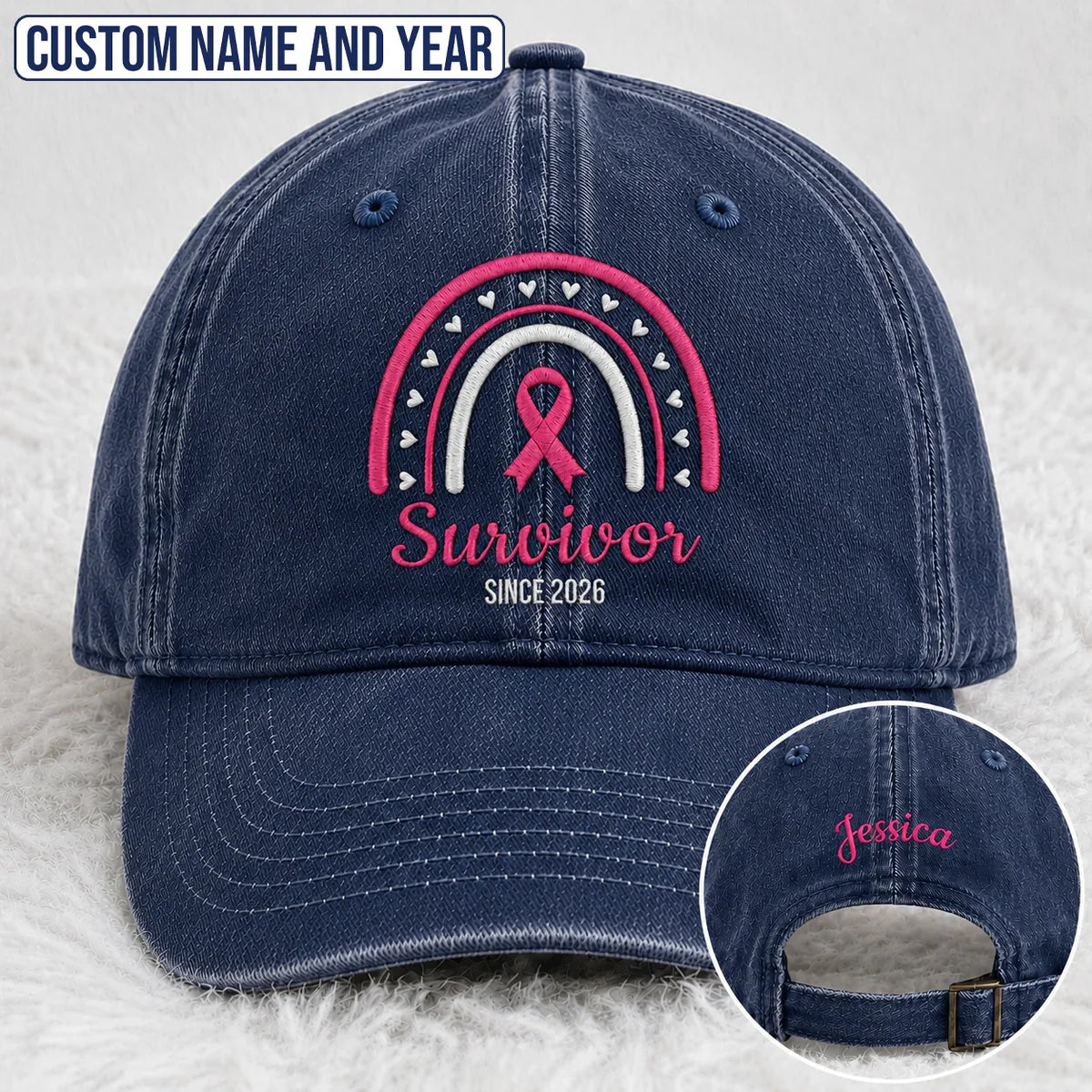 Personalized Name & Year Pink Ribbon Embroidered Washed Cap, Awareness Gift