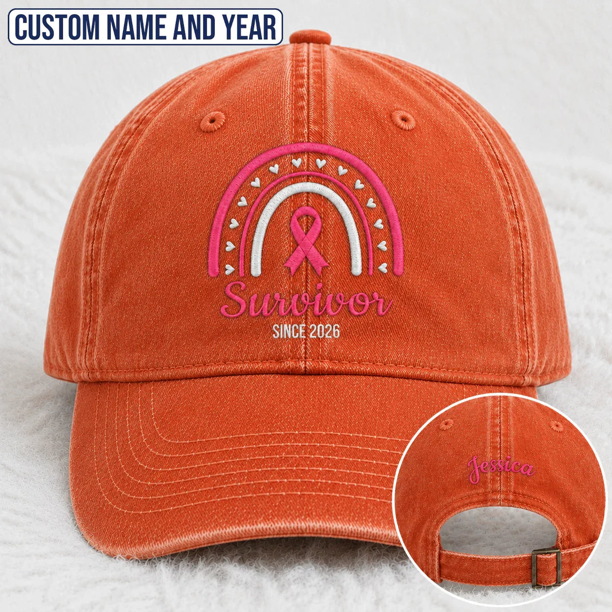 Personalized Name & Year Pink Ribbon Embroidered Washed Cap, Awareness Gift