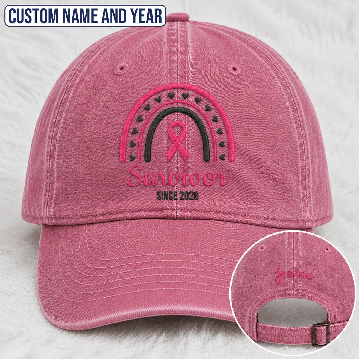 Personalized Name & Year Pink Ribbon Embroidered Washed Cap, Awareness Gift