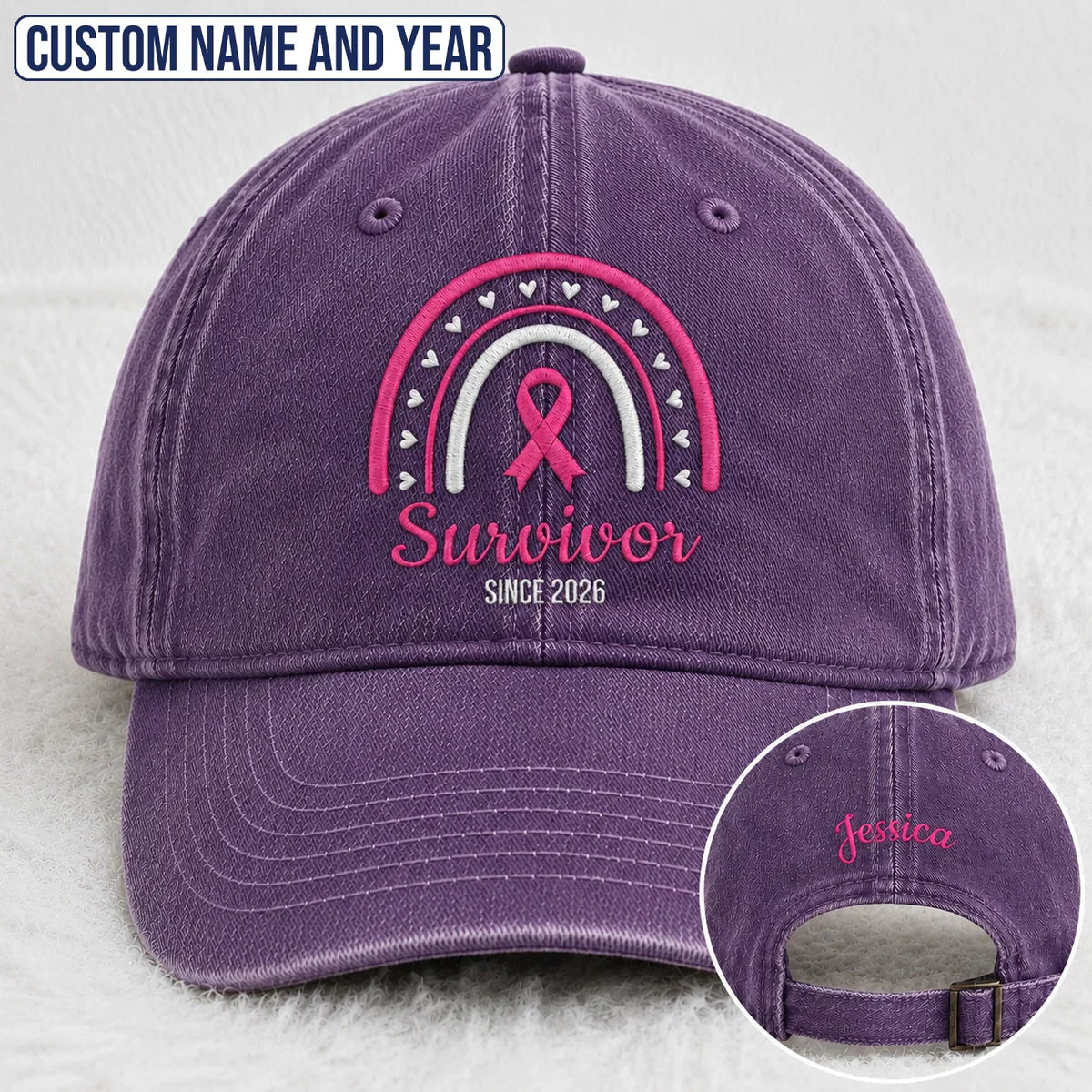 Personalized Name & Year Pink Ribbon Embroidered Washed Cap, Awareness Gift