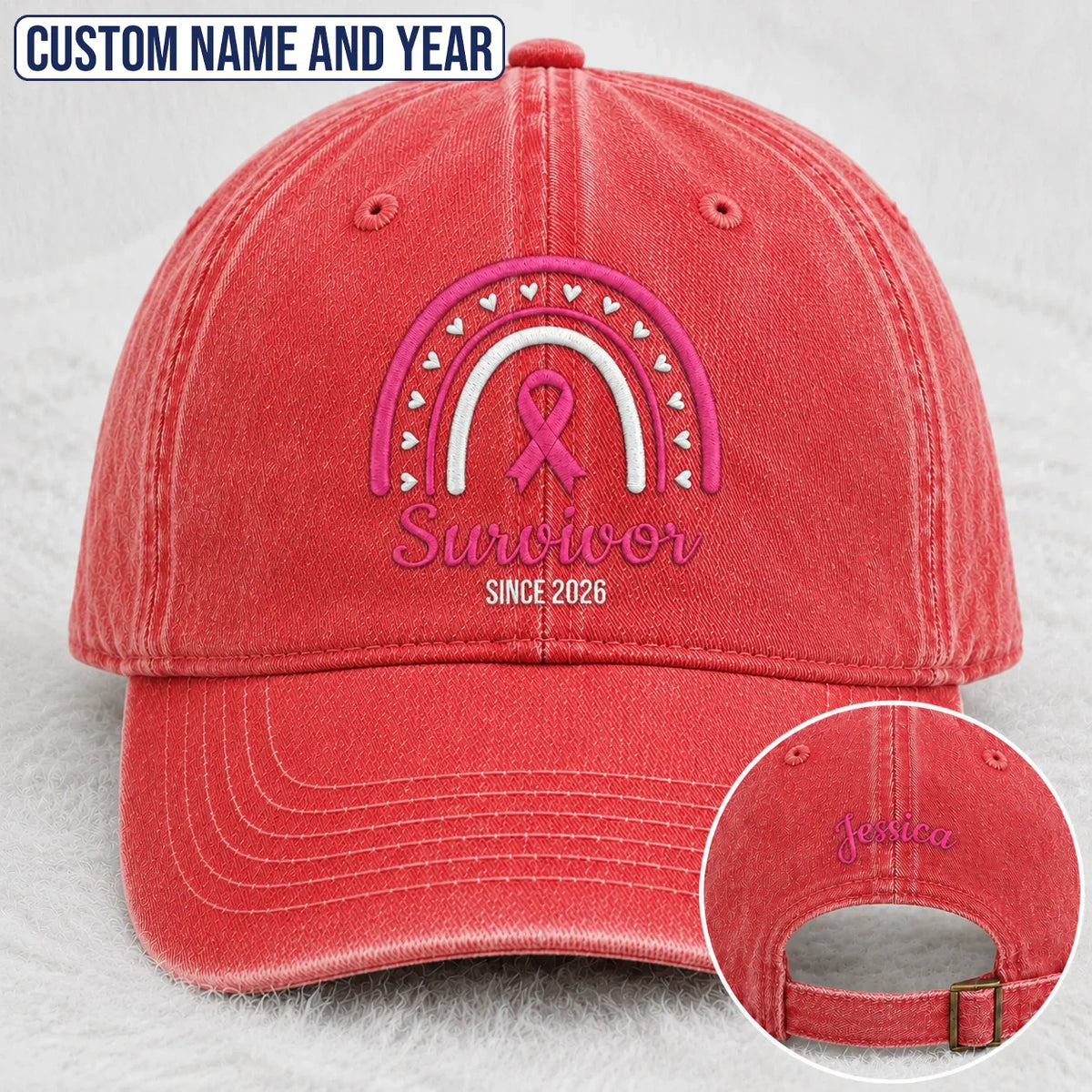 Personalized Name & Year Pink Ribbon Embroidered Washed Cap, Awareness Gift