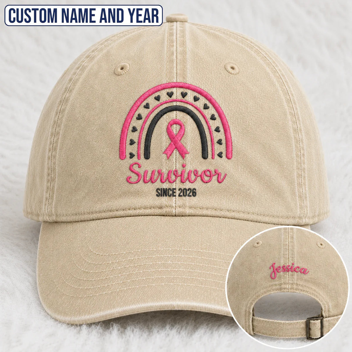 Personalized Name & Year Pink Ribbon Embroidered Washed Cap, Awareness Gift