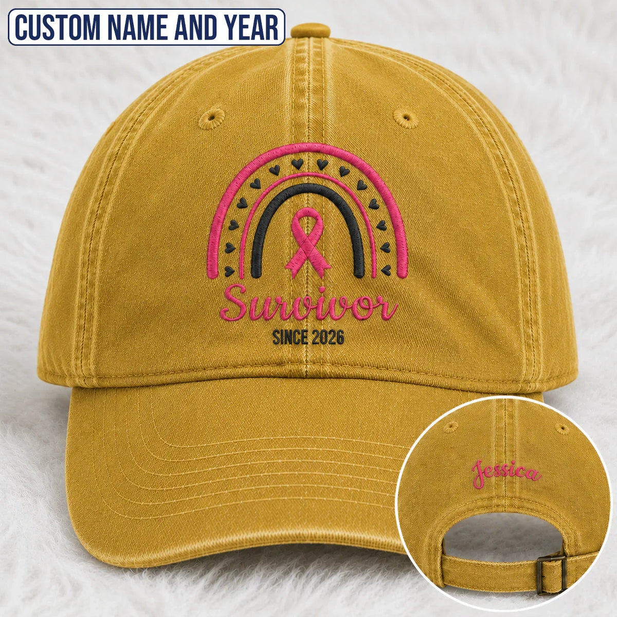 Personalized Name & Year Pink Ribbon Embroidered Washed Cap, Awareness Gift