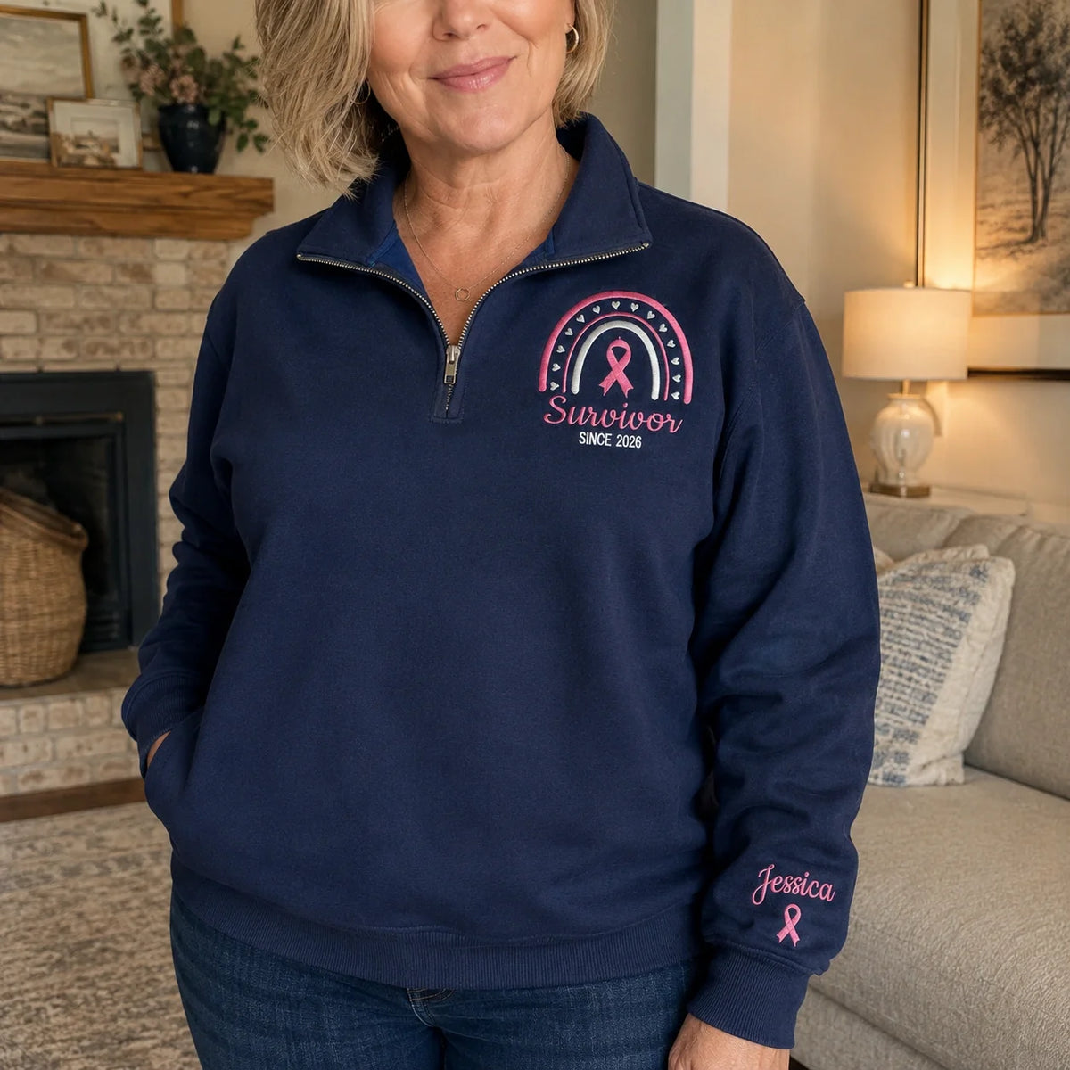 Personalized Pink Ribbon-Inspired Name & Year Embroidered Unisex Quarter Zip Sweatshirt, Awareness Gift