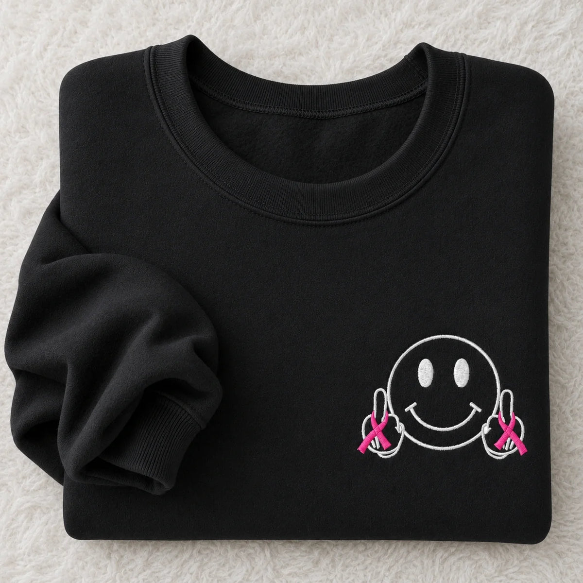 Hey Pink Ribbon Smiley Embroidered Unisex Crewneck Sweatshirt, Awareness Gift