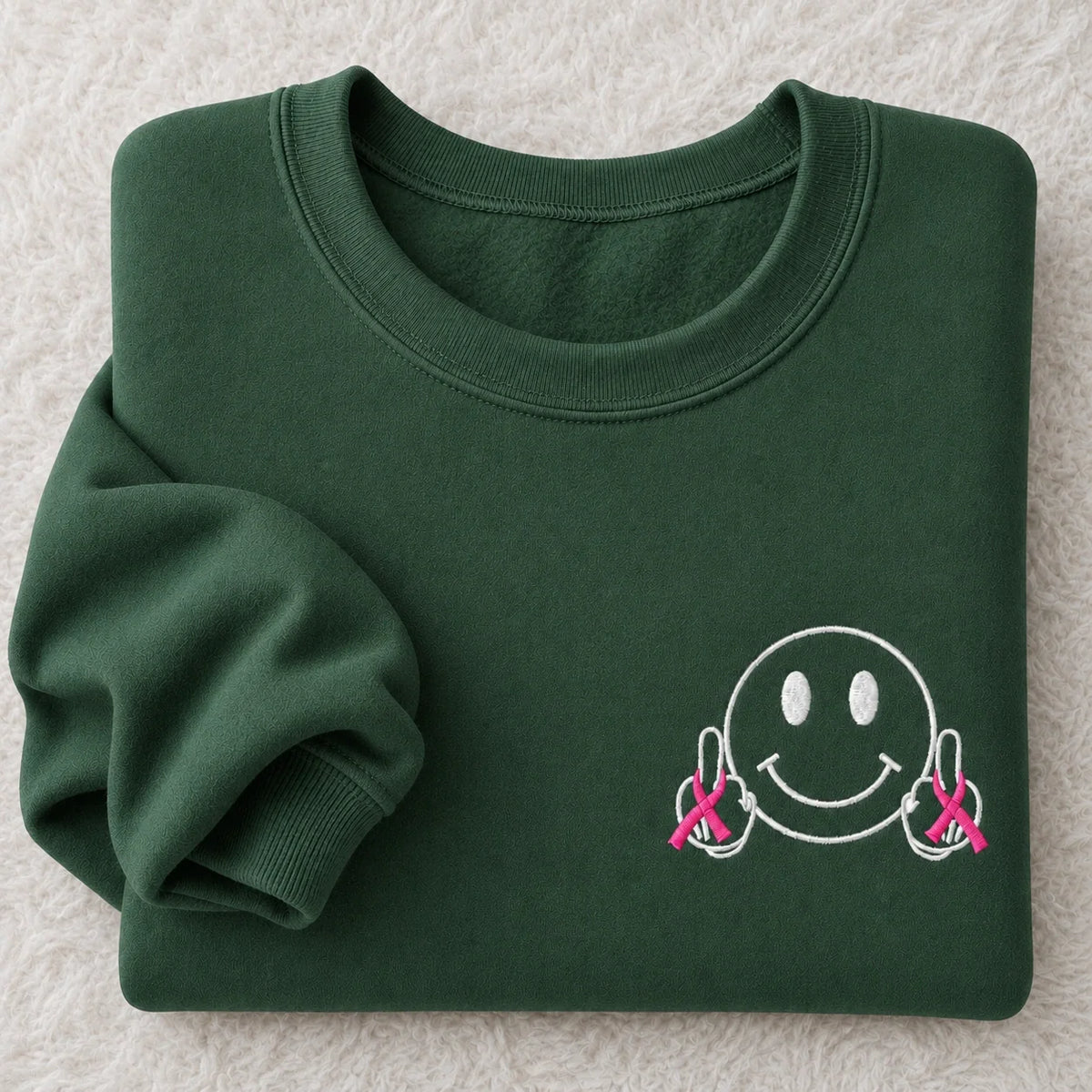 Hey Pink Ribbon Smiley Embroidered Unisex Crewneck Sweatshirt, Awareness Gift