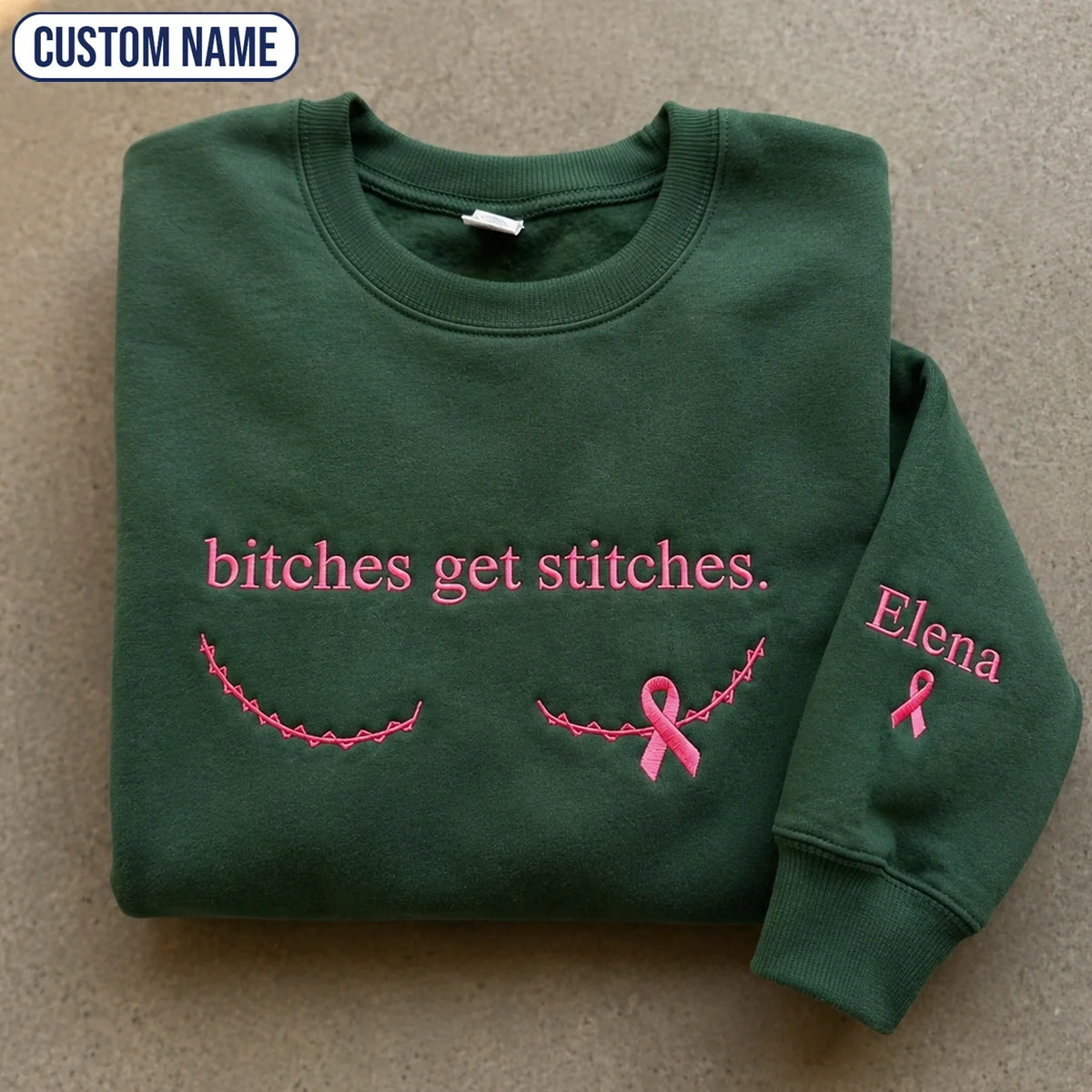 Personalized Btches Get Stitches Embroidered Unisex Crewneck Sweatshirt, Pink Ribbon Awareness Gift