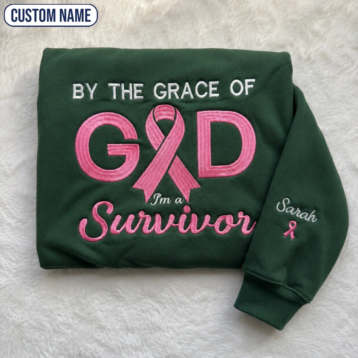 Personalized By the Grace of God Embroidered Unisex Crewneck Sweatshirt, Pink Ribbon Awareness Gift