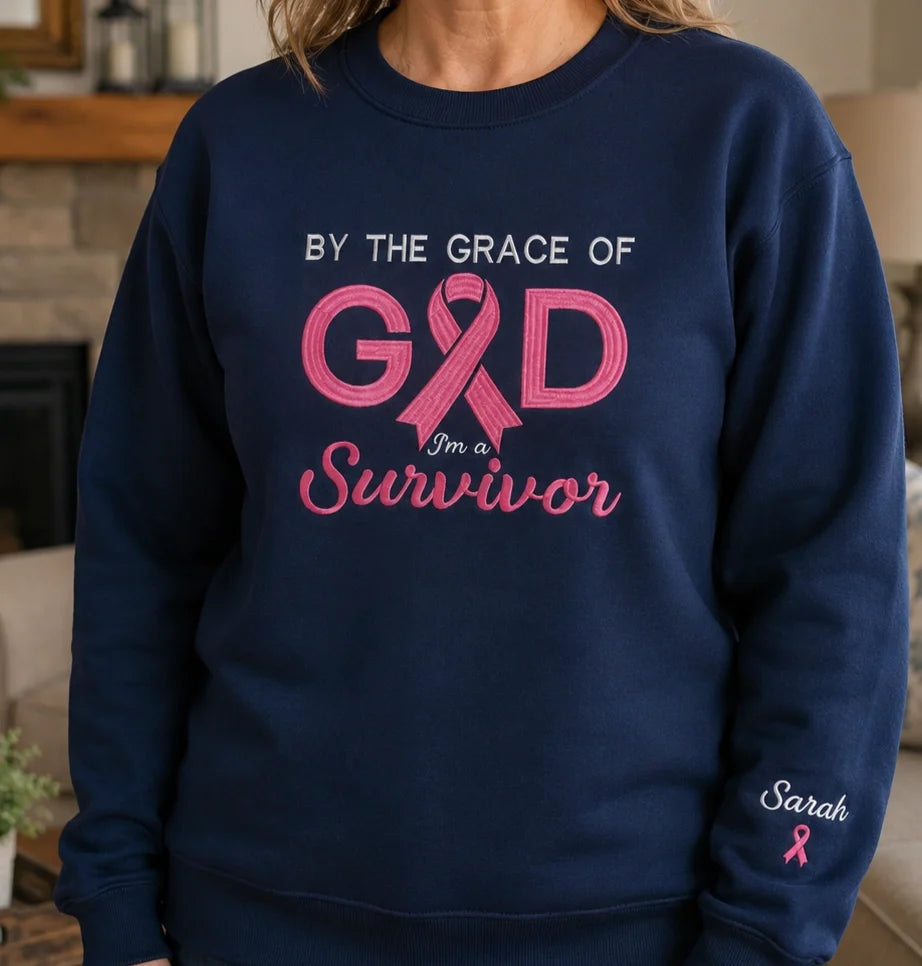 Personalized By the Grace of God Embroidered Unisex Crewneck Sweatshirt, Pink Ribbon Awareness Gift