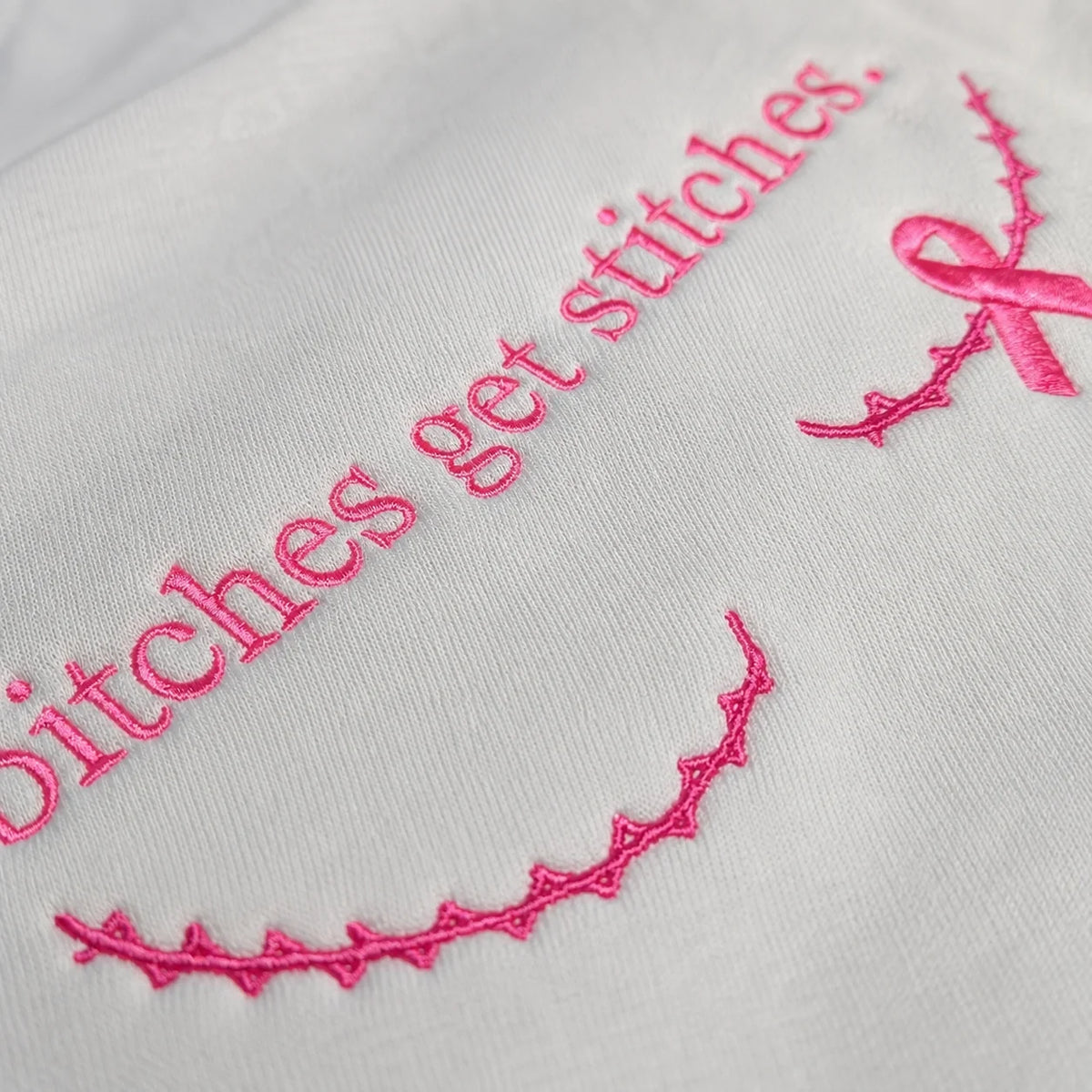Personalized Btches Get Stitches Embroidered Unisex Crewneck Sweatshirt, Pink Ribbon Awareness Gift