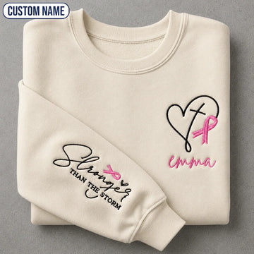 Personalized Stronger Than The Storm Embroidered Unisex Crewneck Sweatshirt, Pink Ribbon Awareness Gift
