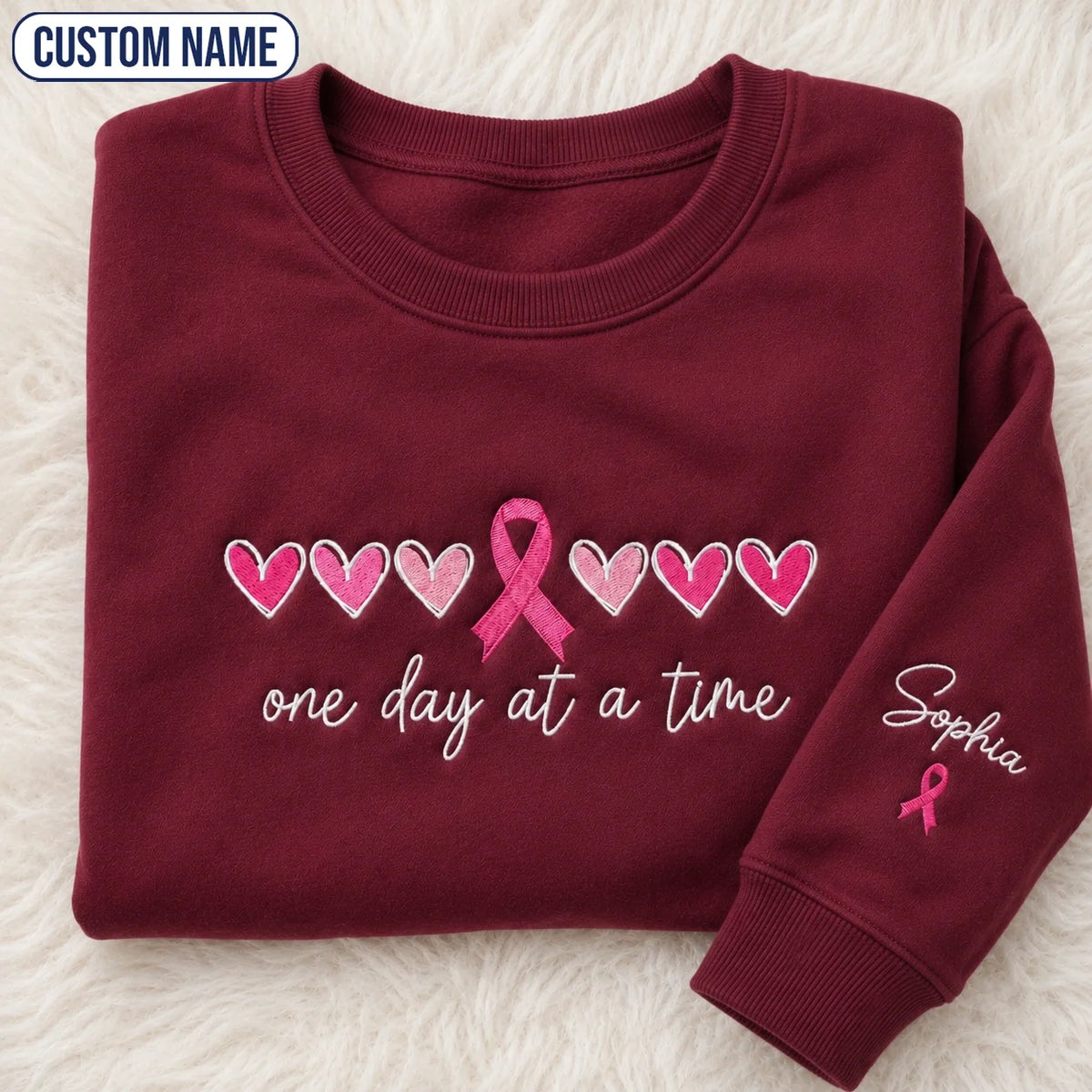 Personalized One Day At A Time Embroidered Unisex Crewneck Sweatshirt, Pink Ribbon Awareness Gift