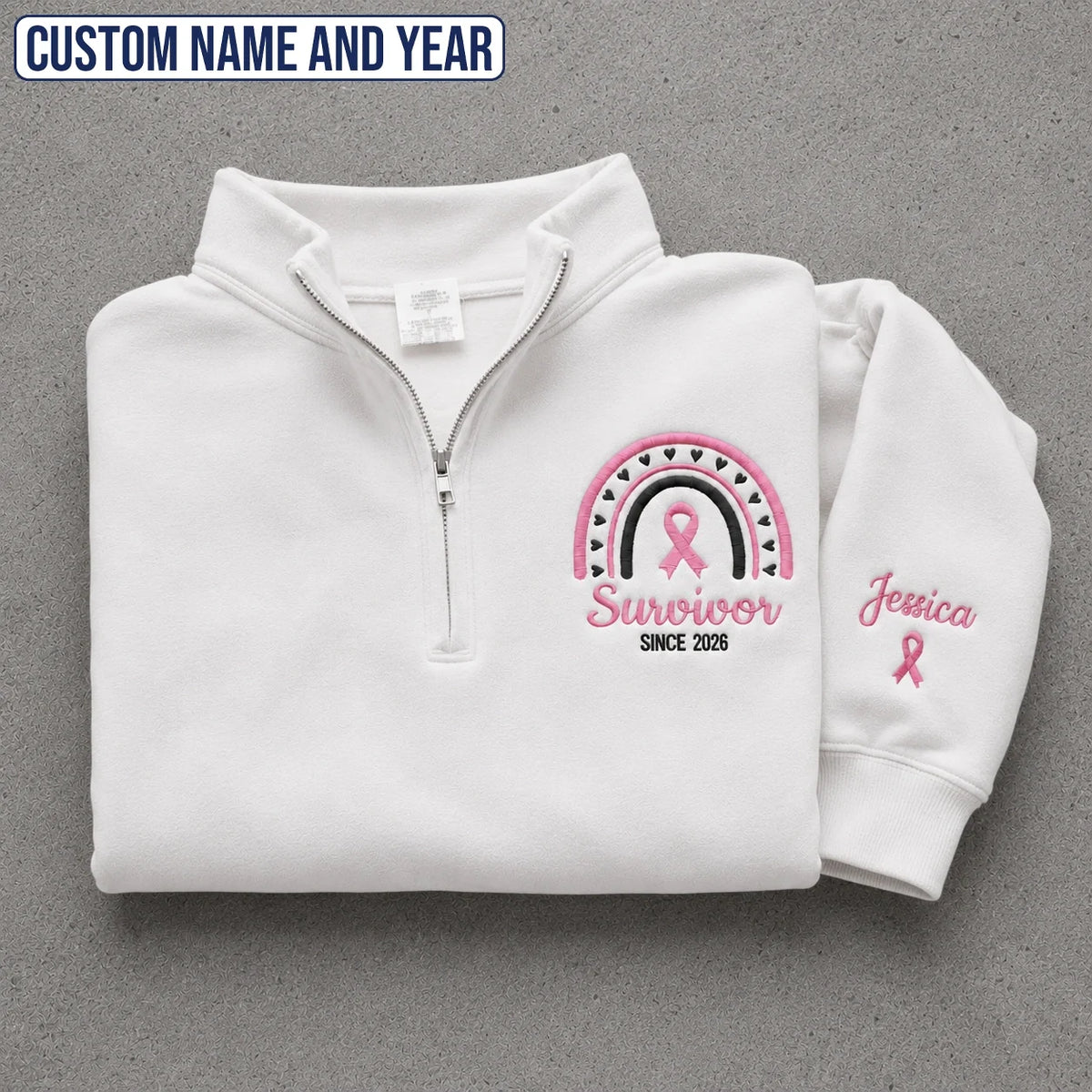 Personalized Pink Ribbon-Inspired Name & Year Embroidered Unisex Quarter Zip Sweatshirt, Awareness Gift