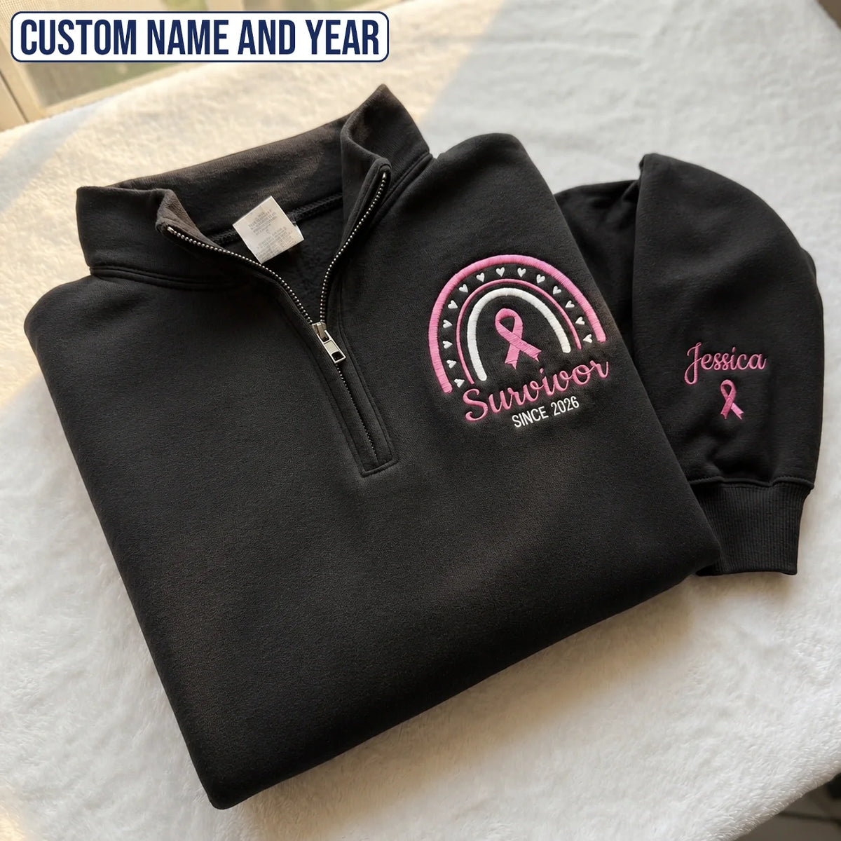 Personalized Pink Ribbon-Inspired Name & Year Embroidered Unisex Quarter Zip Sweatshirt, Awareness Gift