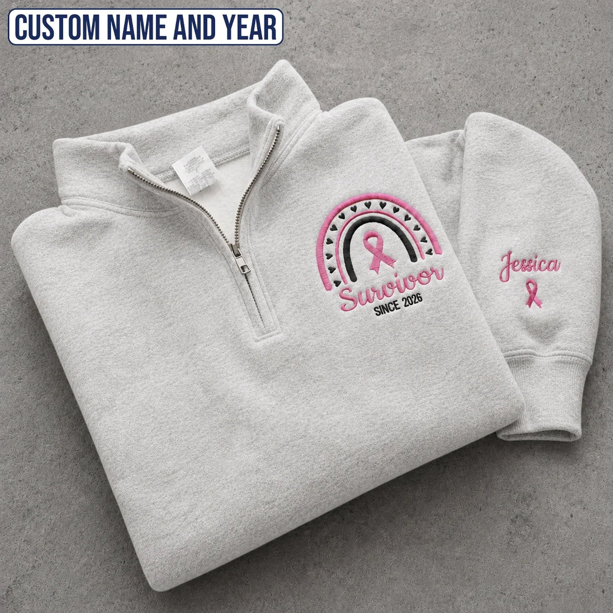 Personalized Pink Ribbon-Inspired Name & Year Embroidered Unisex Quarter Zip Sweatshirt, Awareness Gift
