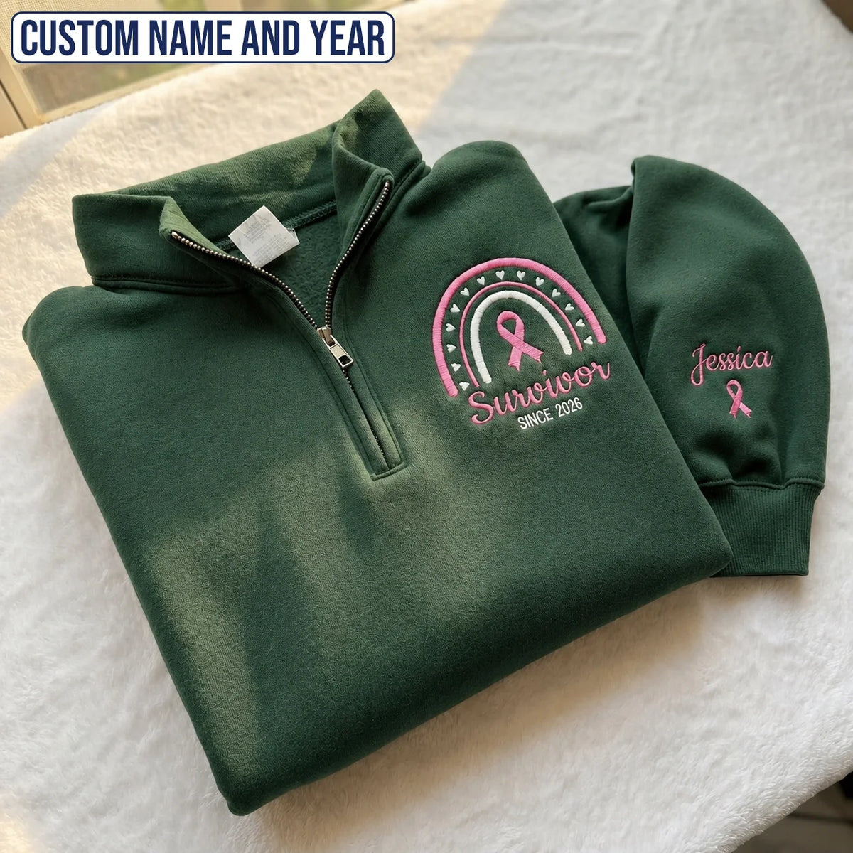 Personalized Pink Ribbon-Inspired Name & Year Embroidered Unisex Quarter Zip Sweatshirt, Awareness Gift