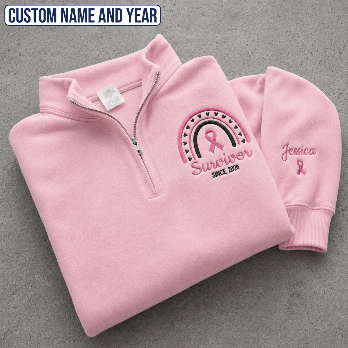Personalized Pink Ribbon-Inspired Name & Year Embroidered Unisex Quarter Zip Sweatshirt, Awareness Gift