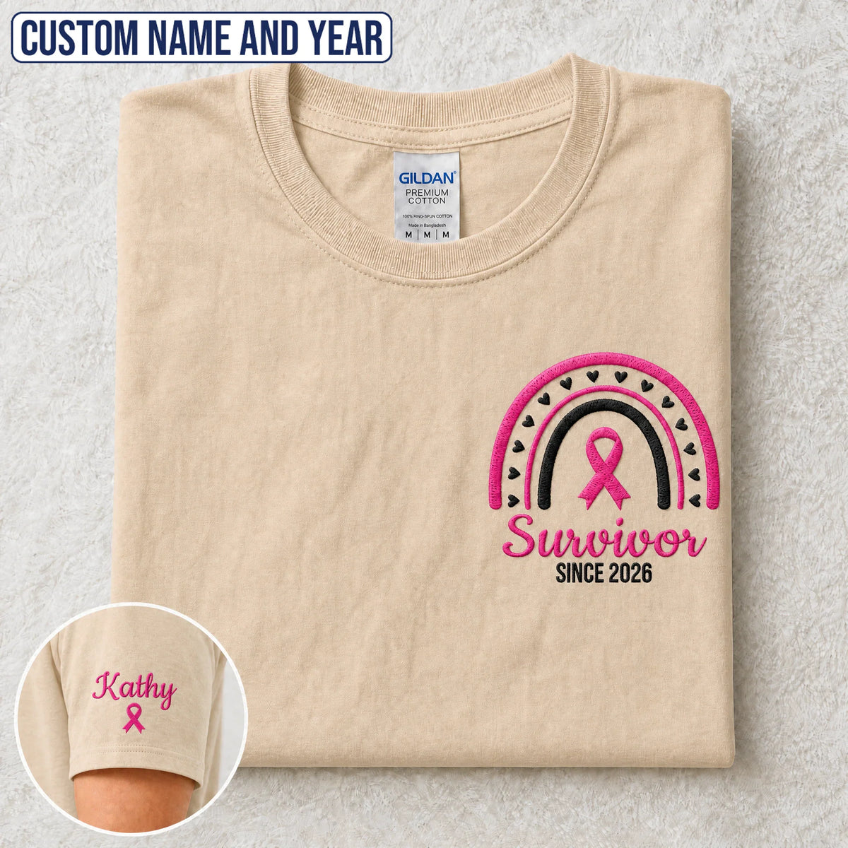 Personalized Pink Ribbon-Inspired Name & Year Embroidered Unisex T-shirt