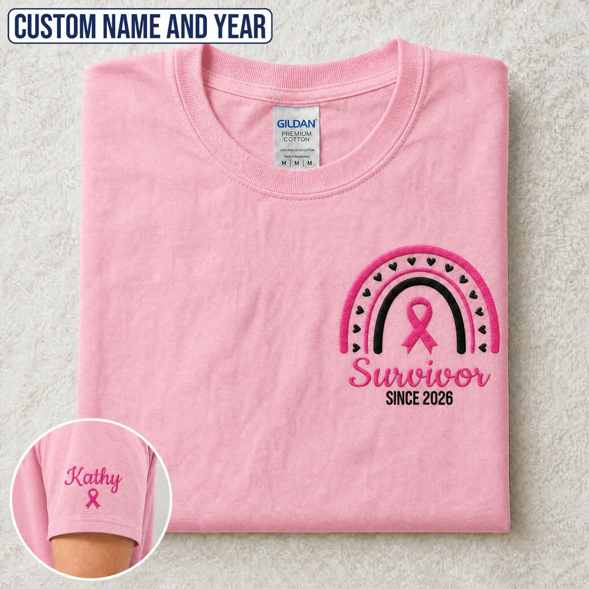 Personalized Pink Ribbon-Inspired Name & Year Embroidered Unisex T-shirt
