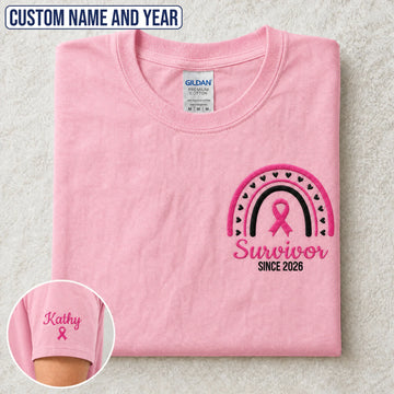 Personalized Pink Ribbon-Inspired Name & Year Embroidered Unisex T-shirt