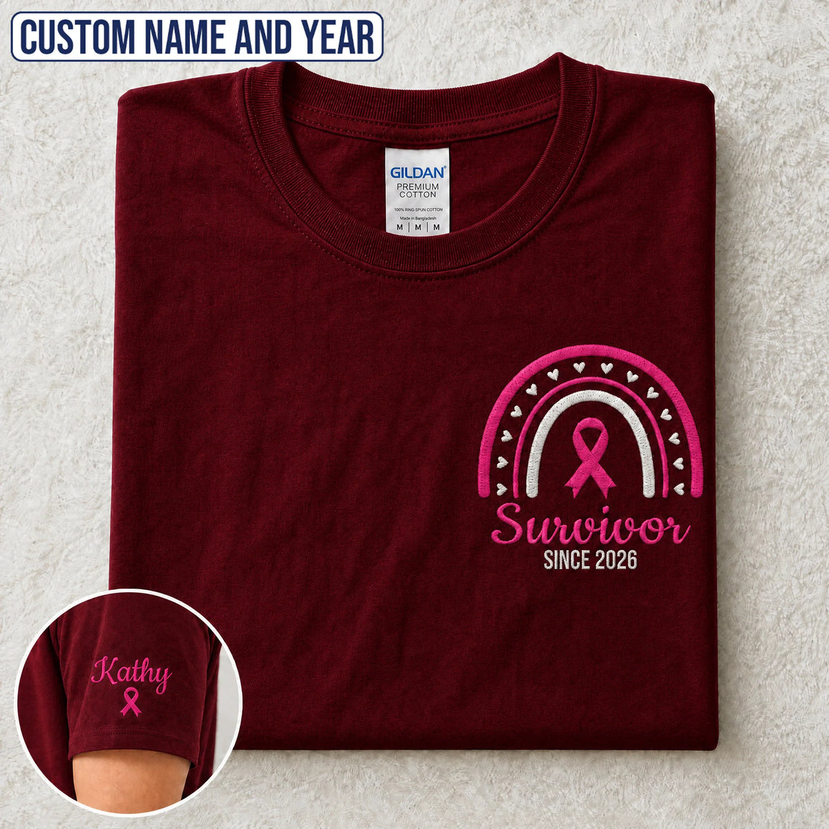 Personalized Pink Ribbon-Inspired Name & Year Embroidered Unisex T-shirt