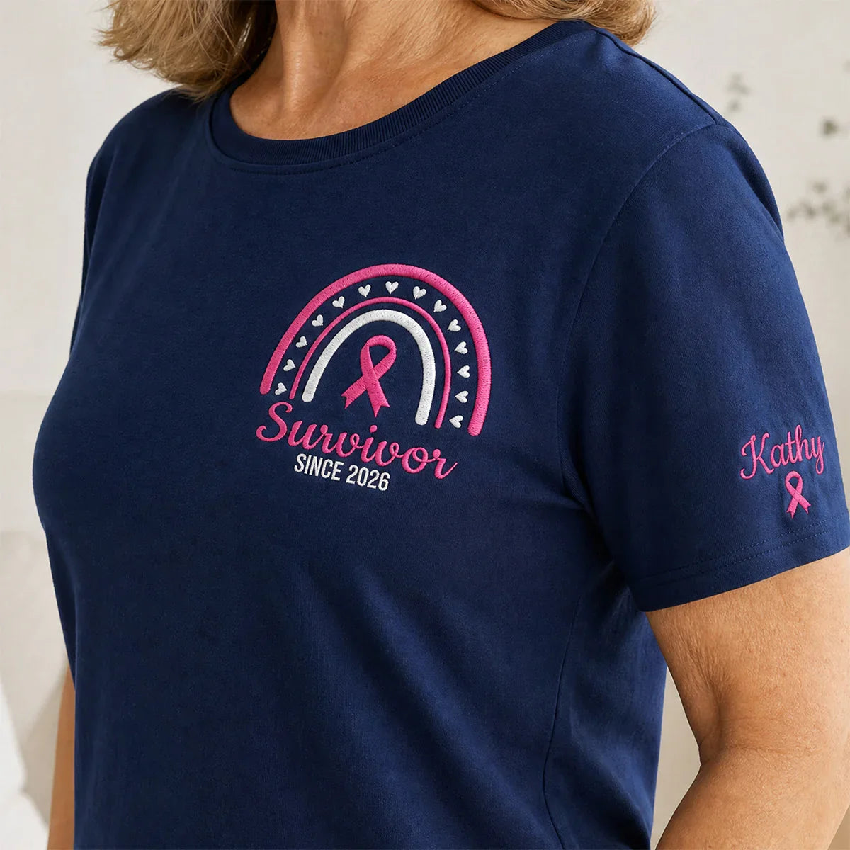 Personalized Pink Ribbon-Inspired Name & Year Embroidered Unisex T-shirt