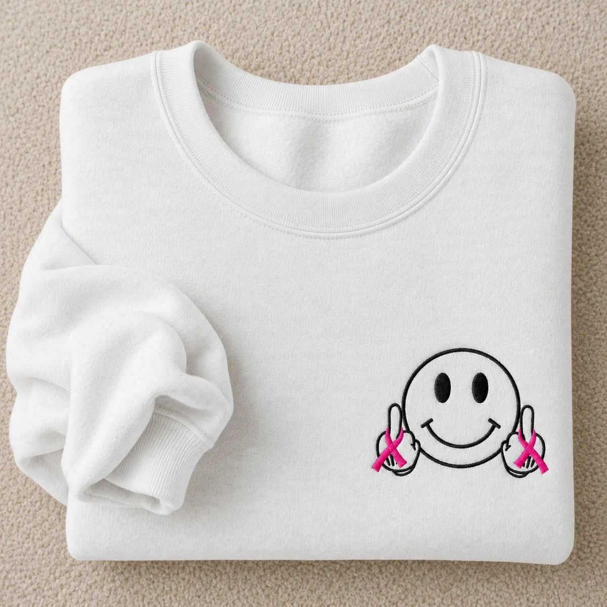 Hey Pink Ribbon Smiley Embroidered Unisex Crewneck Sweatshirt, Awareness Gift
