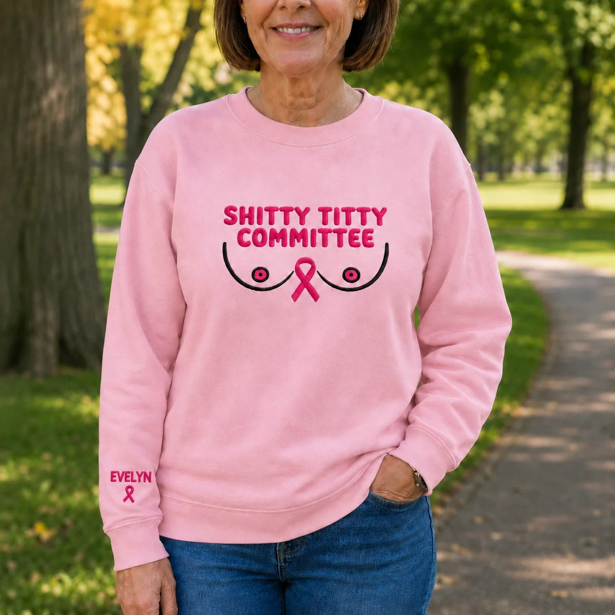 Personalized Shitty Titty Committee Embroidered Unisex Crewneck Sweatshirt, Pink Ribbon Awareness Gift